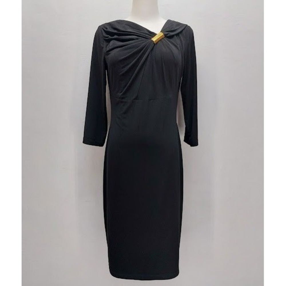 David Meister Sheath Dress Women's 6 Black Gold Hardware 3/4 Sleeve Quiet Luxury